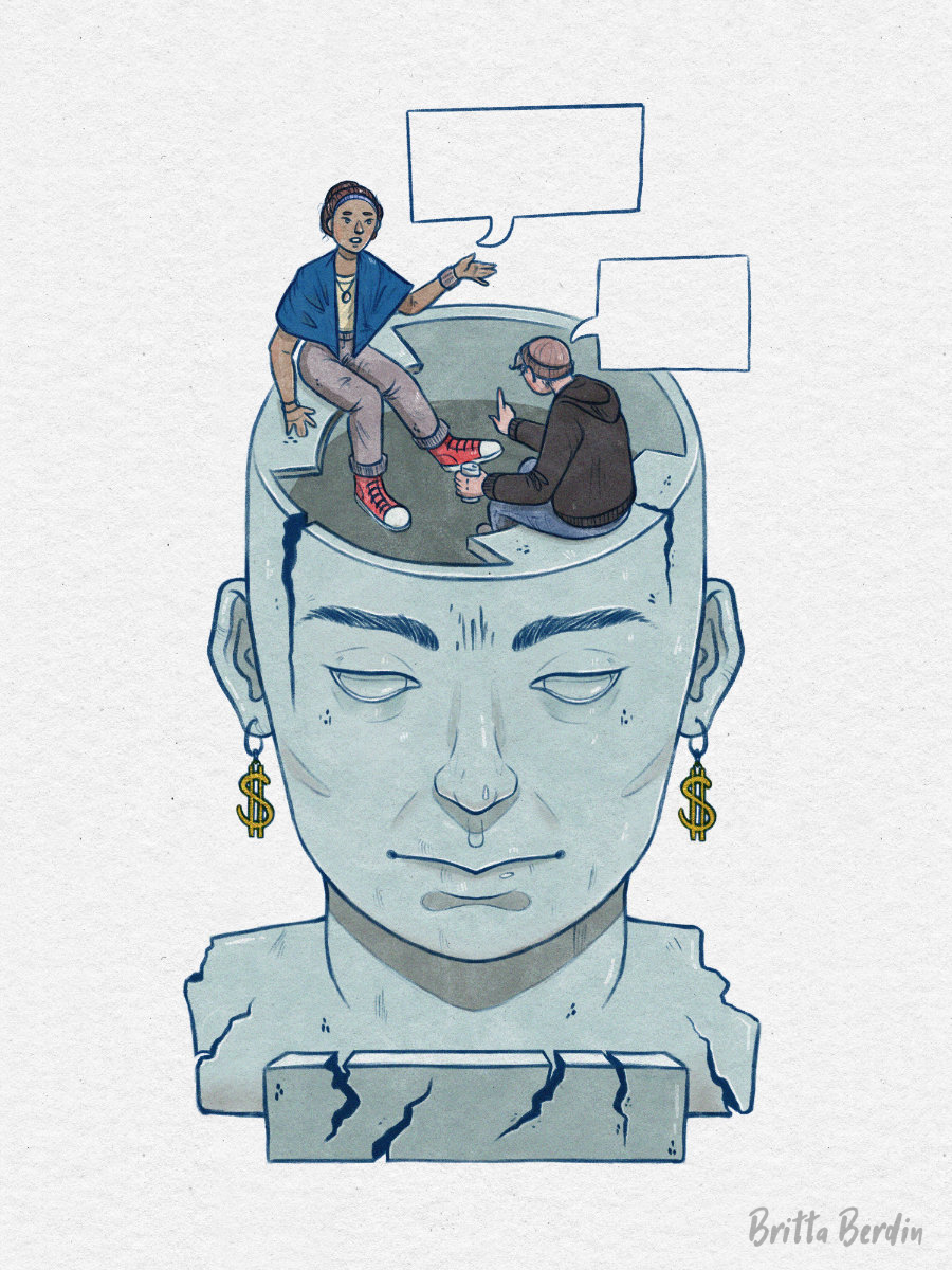 An Illustration of a crumbling statue with peaple inside talking with each oterh